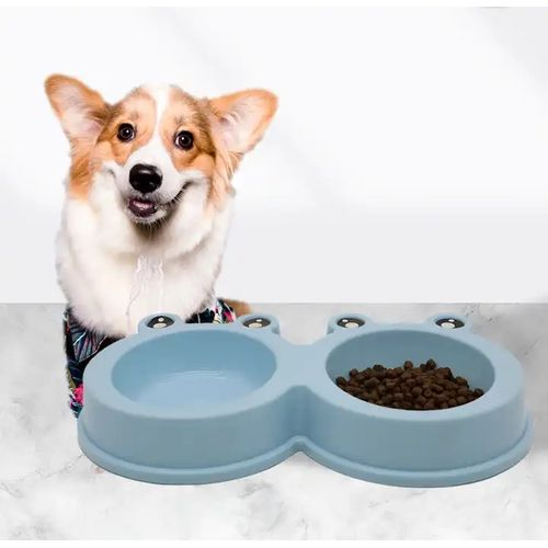 Vetagro Dog/Cat Double Bowl Plastic Pet Frog Shape Bowl Anti Slip (blue, green, pin)