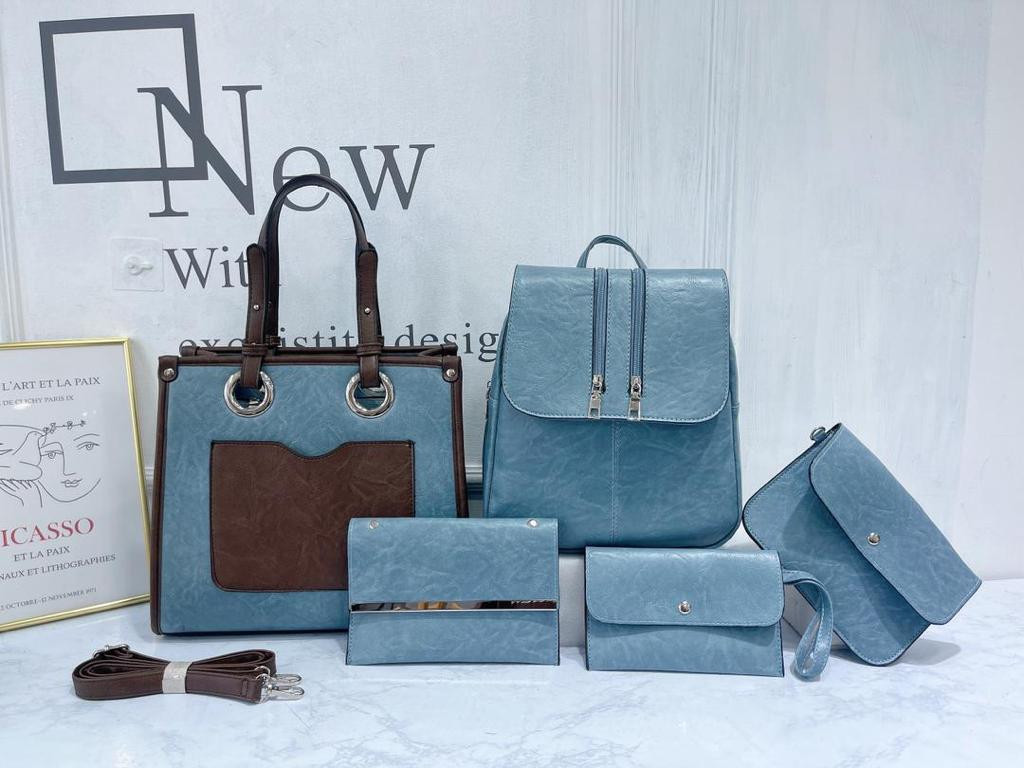 Classy 5 In 1 Handbag Women Bag Ladies Purse Tote Hobo Bag Female Crossbody Bag Messenger Shoulder Bag Sling Wallet Satchel Monkey bag Backpack- Blue