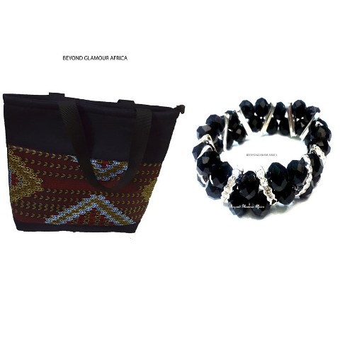 Womens Blue Denim Handbag with crystal Black Bracelets