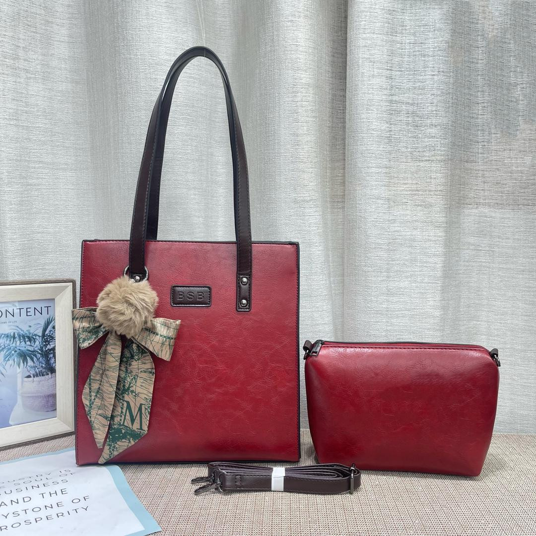 Fashion Ladies Hand Bag 2 In 1 Female PU Leather Shoulder Bags Women Tote Bag Crossbody Bag - Red