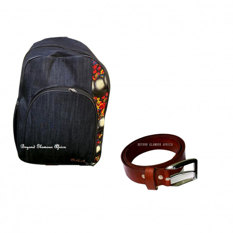Blue ankara denim laptop backpack with brown leather belt