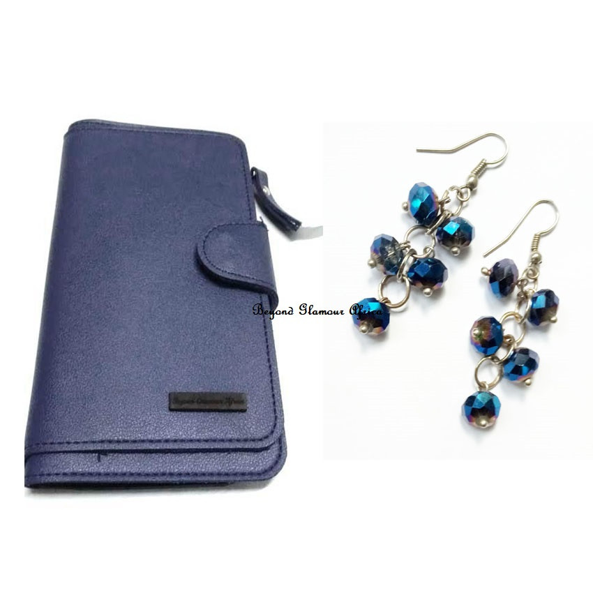 Womens Blue leather wallet with earrings