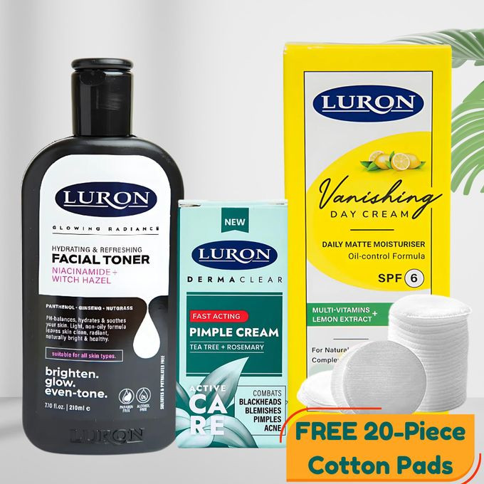 Luron Refreshing & Hydrating Facial Toner + Medicated Pimple Cream + Simply Even Vanishing Day Cream + FREE 20-Piece Cotton Pads