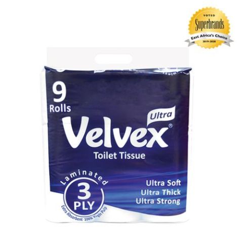 Velvex Ultra 3 Ply Laminated Unwrapped White Toilet Tissue 9 Pack