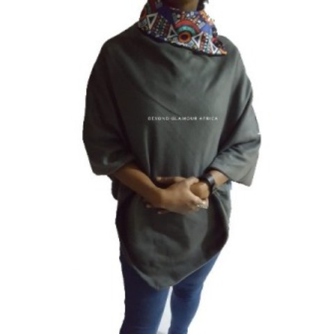 Grey Poncho With Ankara Print
